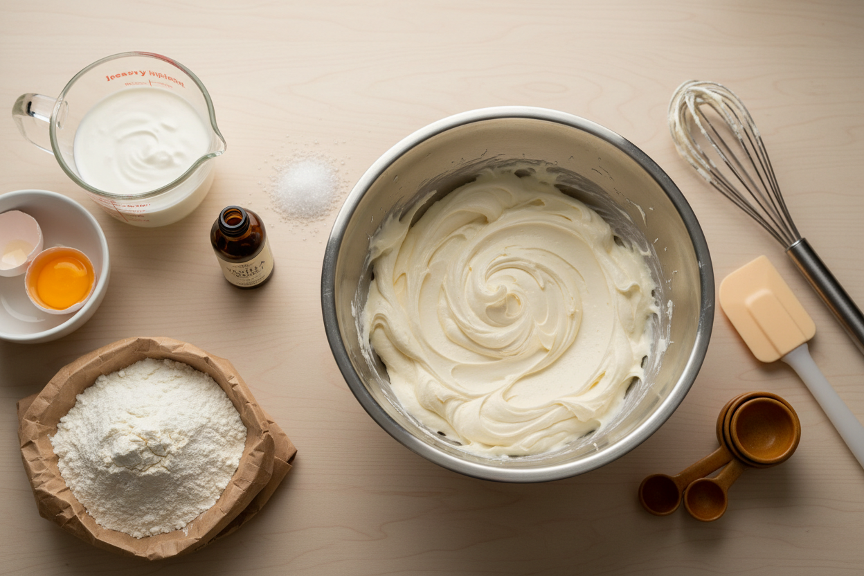 Overhead view of whipping bowl with frosting and baking ingredients